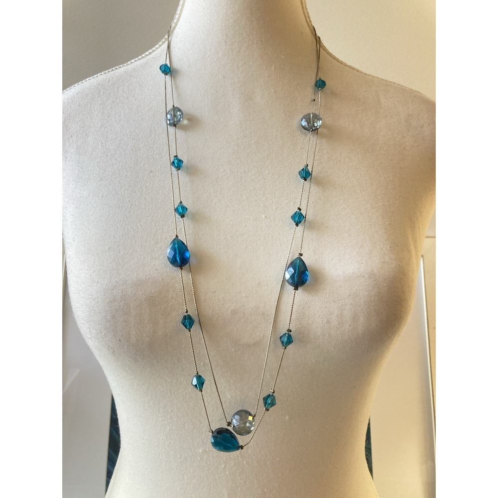 Long‎ Silver Tone Station Necklace Blue Teardrop Beads Faceted Layered Romantic